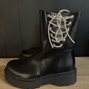 AZALEA WANG Faux Black Leather Women's Boots with Rhinestone Laces Platform